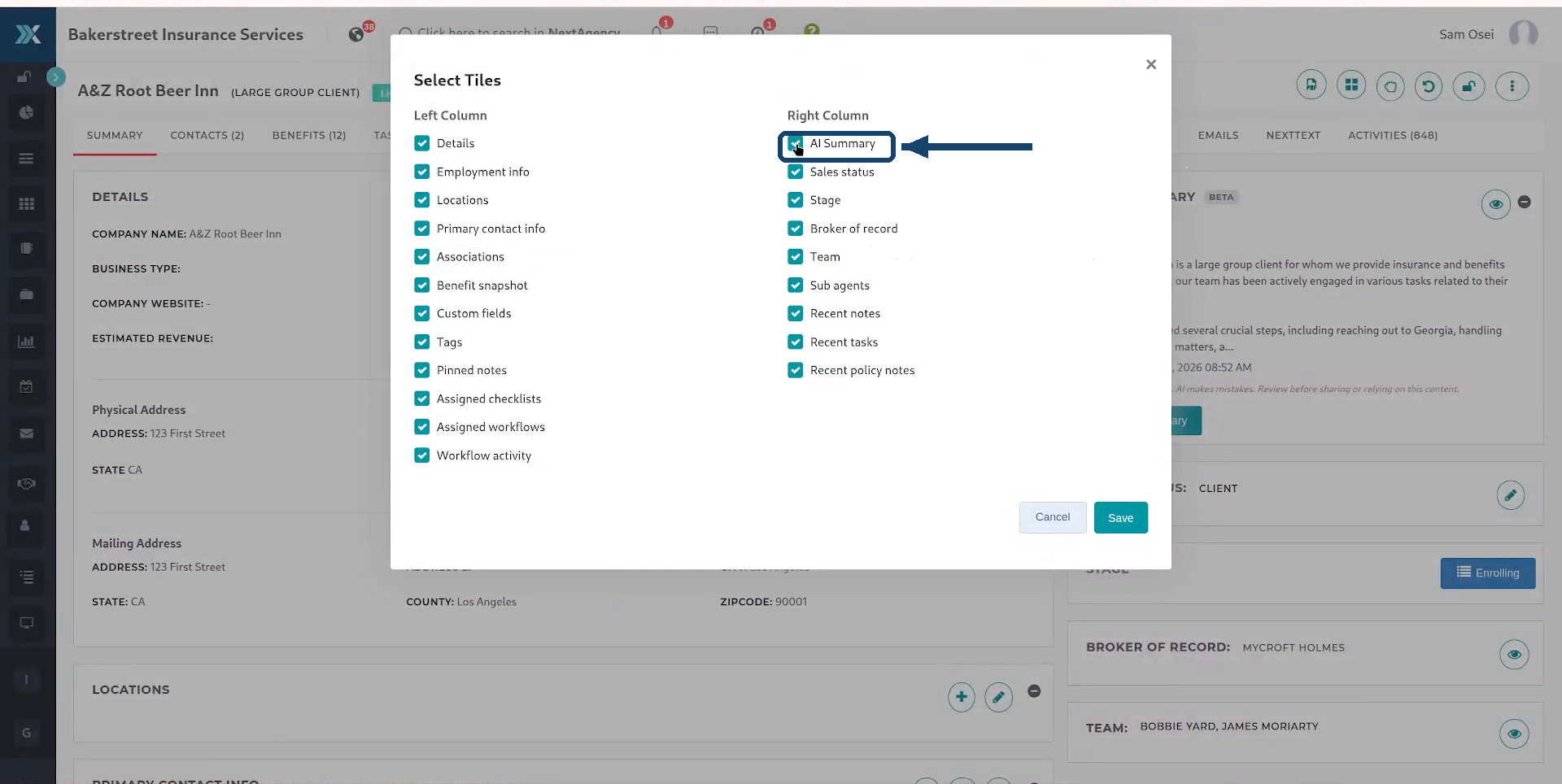 Select Tiles window with AI Summary checked