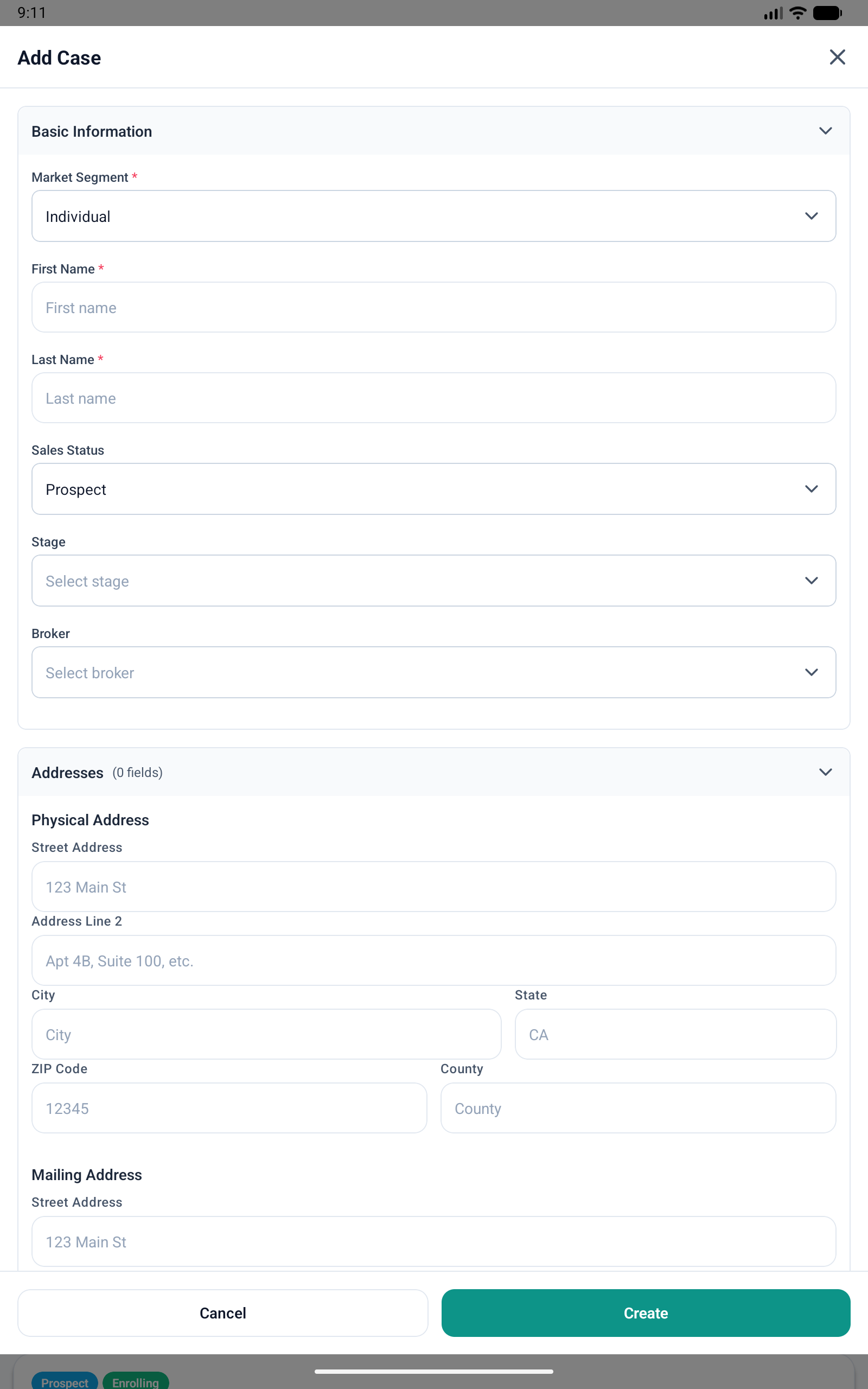 The Add Case form