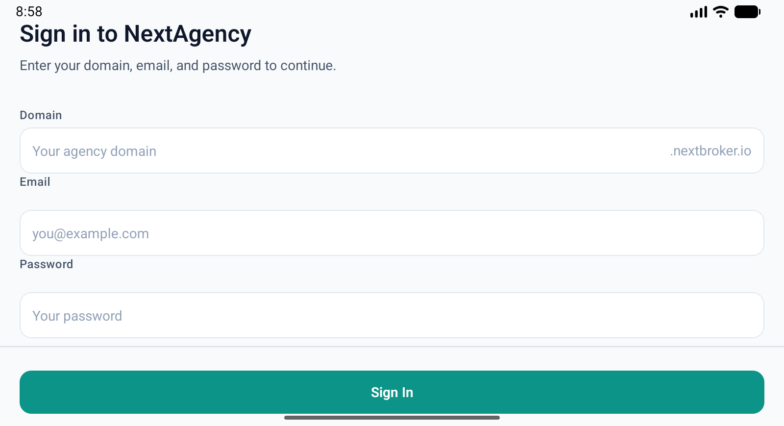 Sign in to NextAgency screen with Domain, Email, and Password fields
