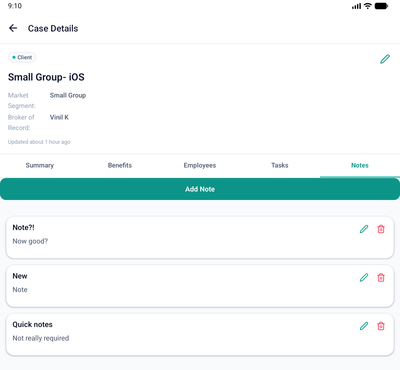 The Notes tab of a case