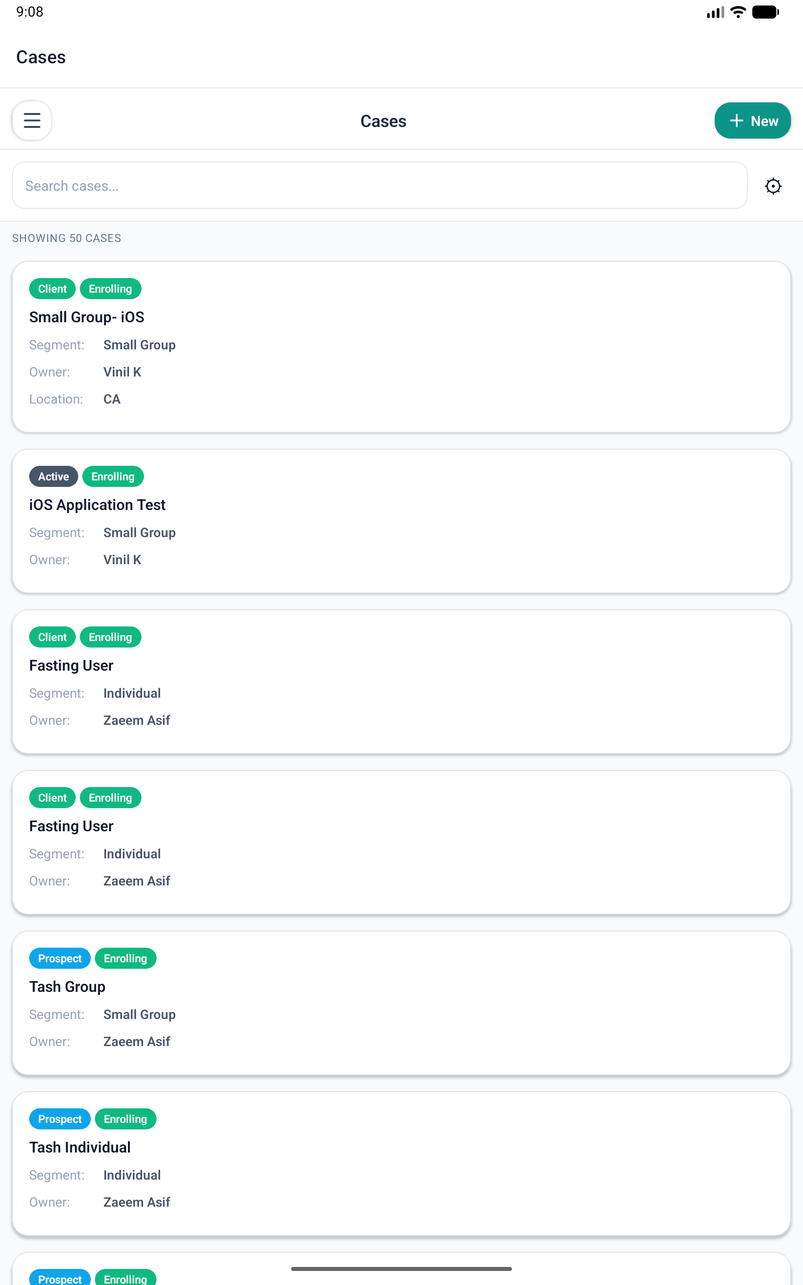 The Cases list home screen