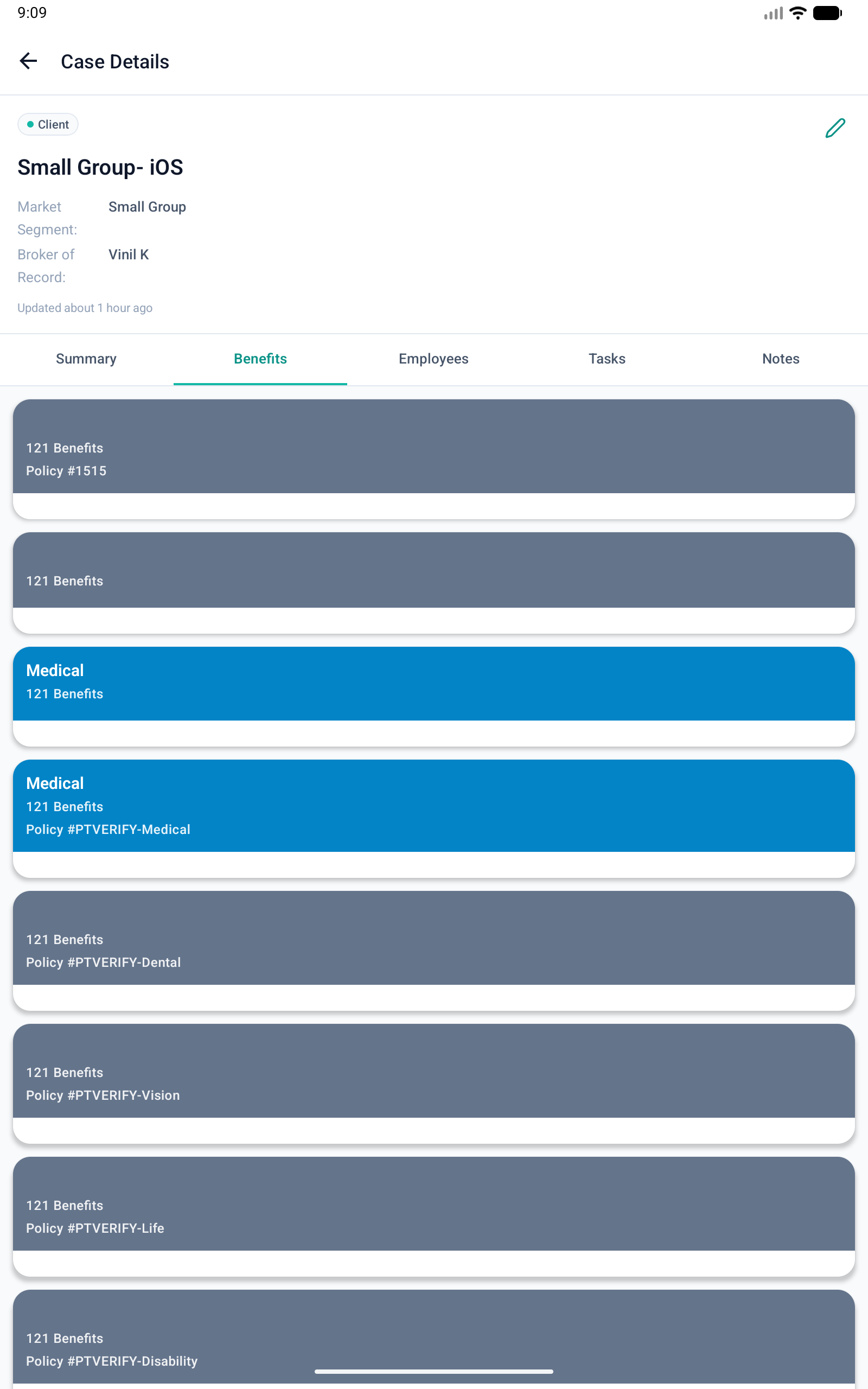 The Benefits tab of a case