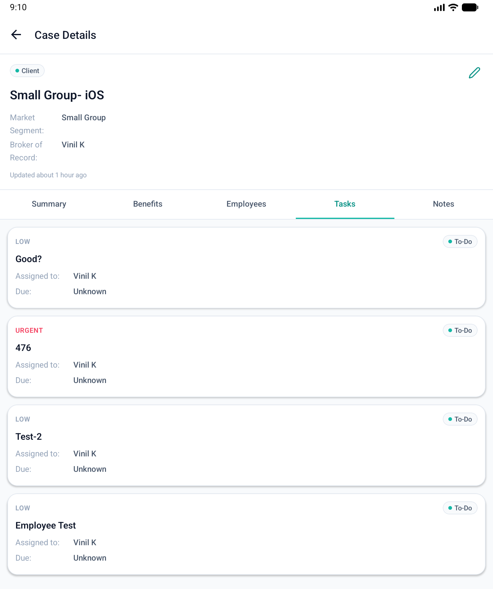 The Tasks tab of a case