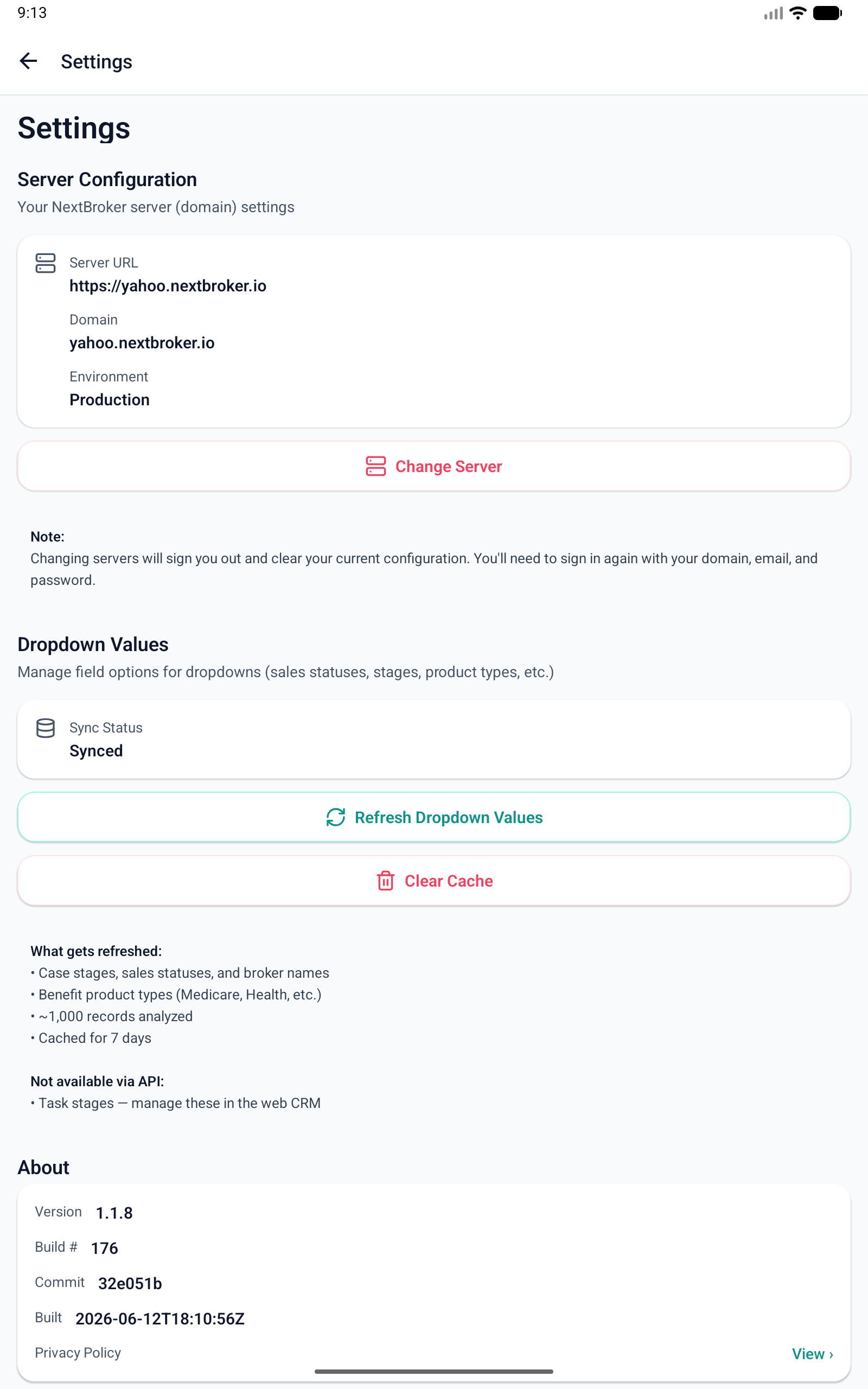 The Settings screen