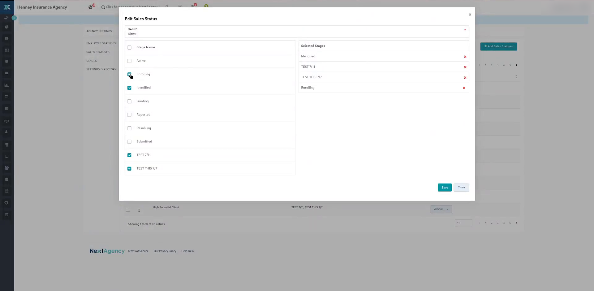 The Edit Sales Status window with stage checkboxes and the Selected Stages panel