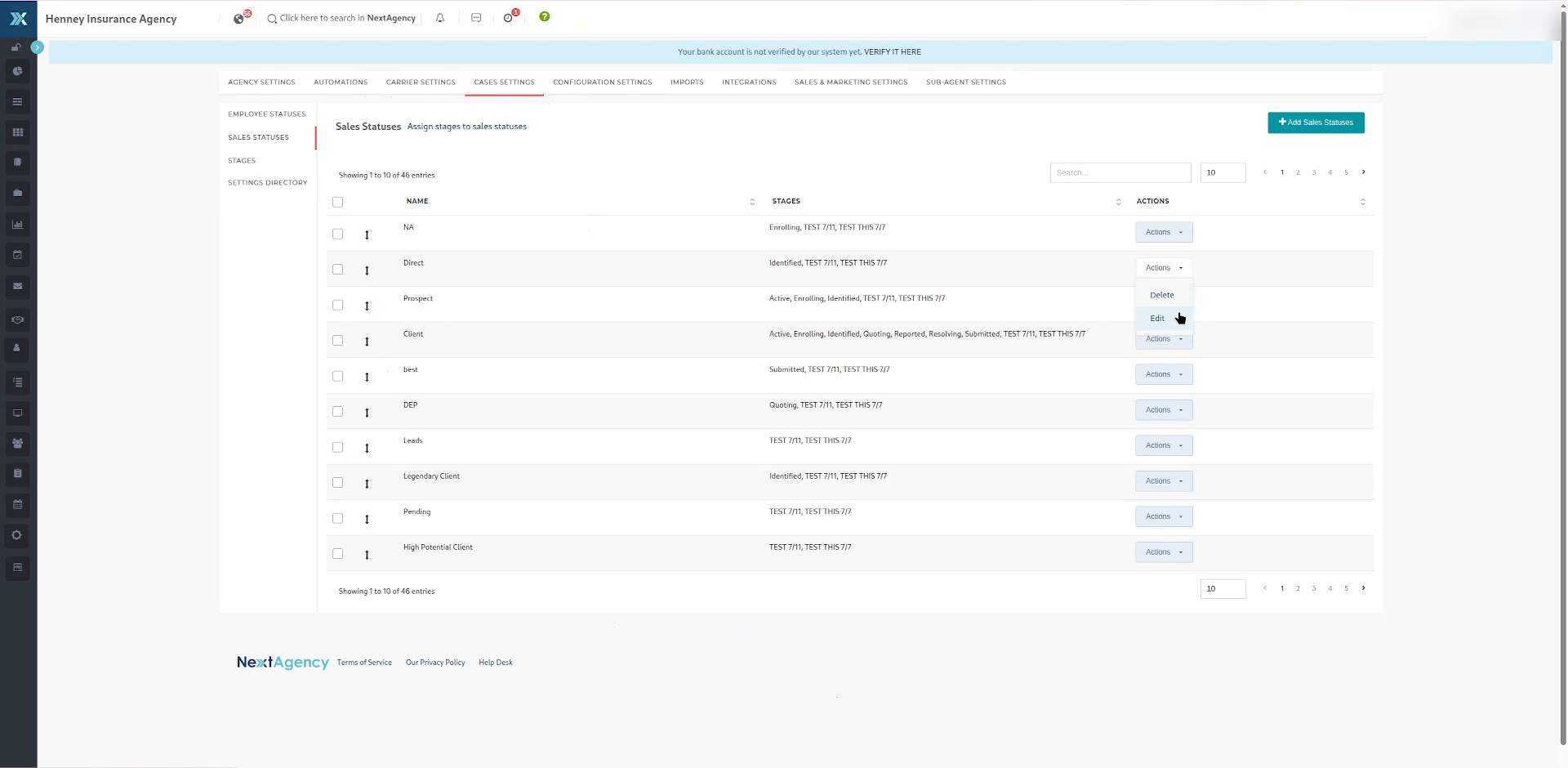 The Actions menu open on a sales status row, showing Delete and Edit