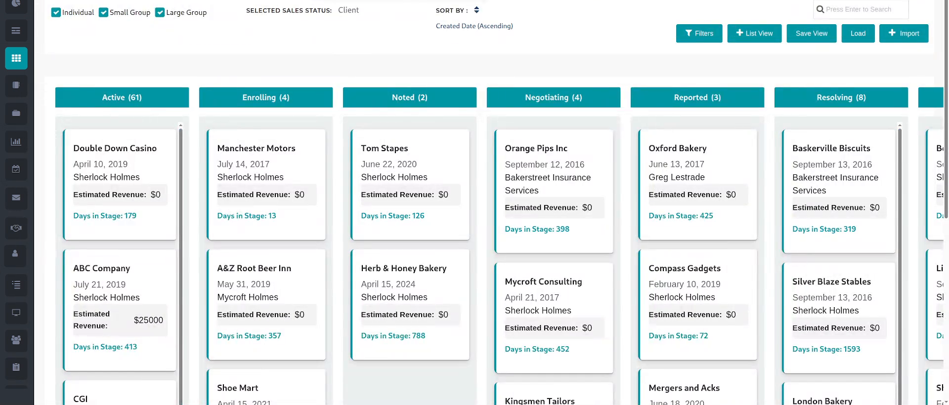 Pipeline view with one sales status selected, showing a column for each stage attached to it