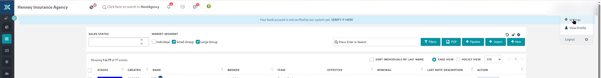 The account menu open in the top right, showing Settings