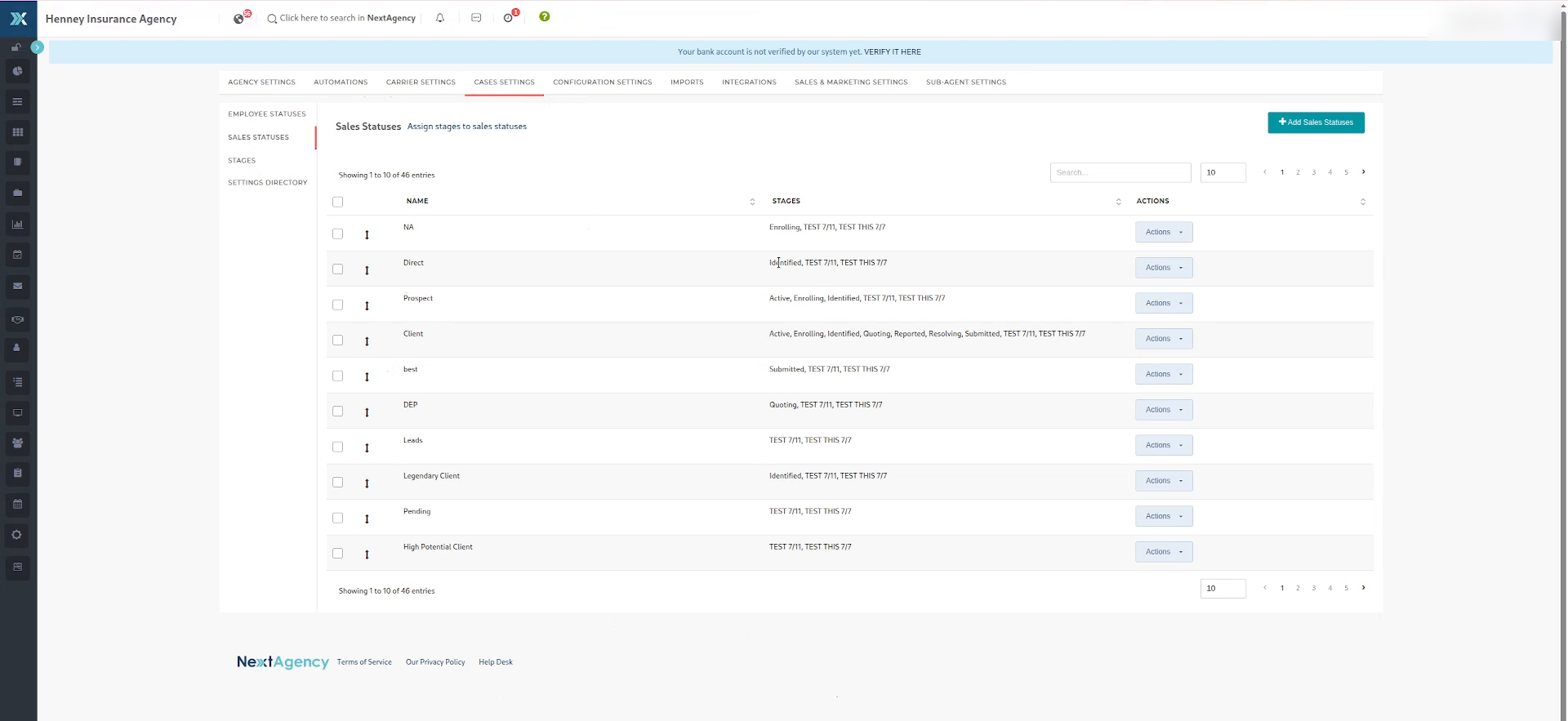 The Sales Statuses page under Cases Settings, listing each status with its attached stages