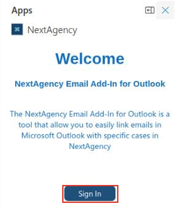 The NextAgency add-in panel with the Sign In button