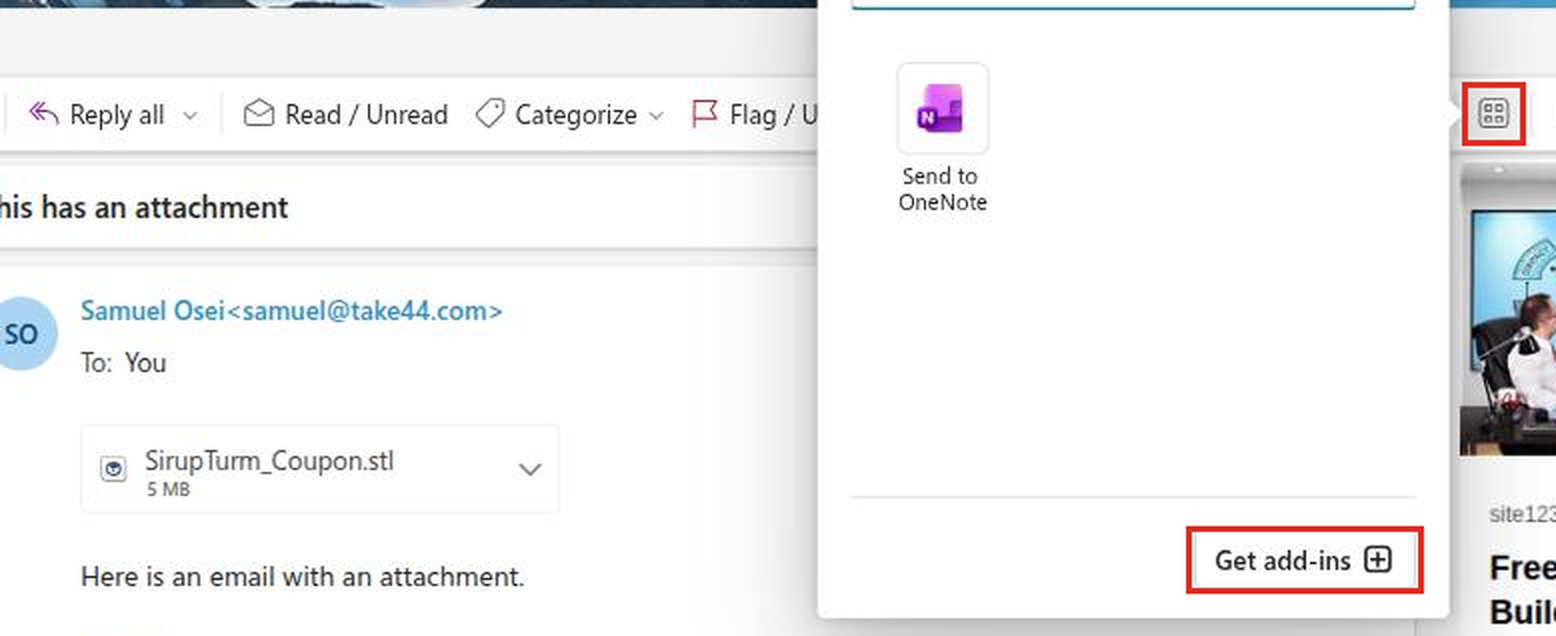 Apps icon on the Outlook Home ribbon with Get add-ins at the bottom of the panel