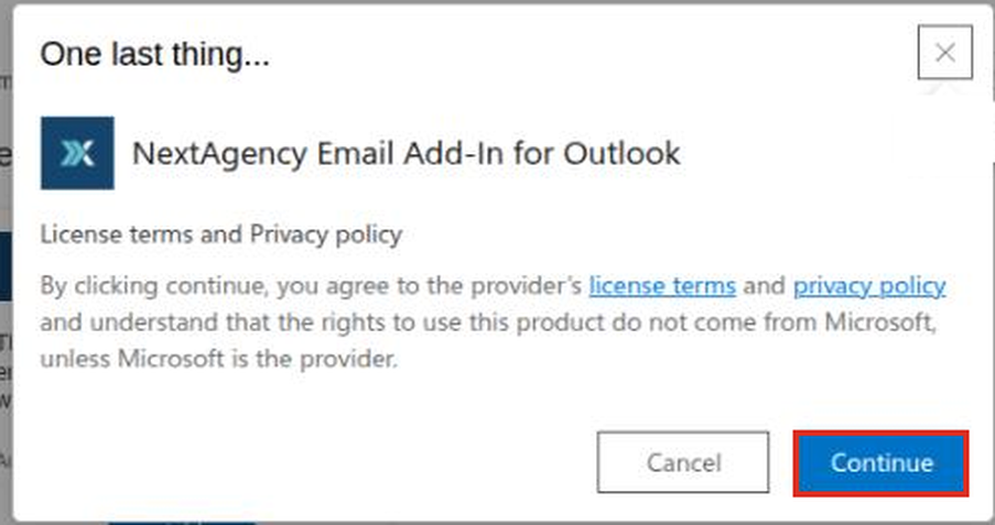 License terms and privacy policy prompt with the Continue button