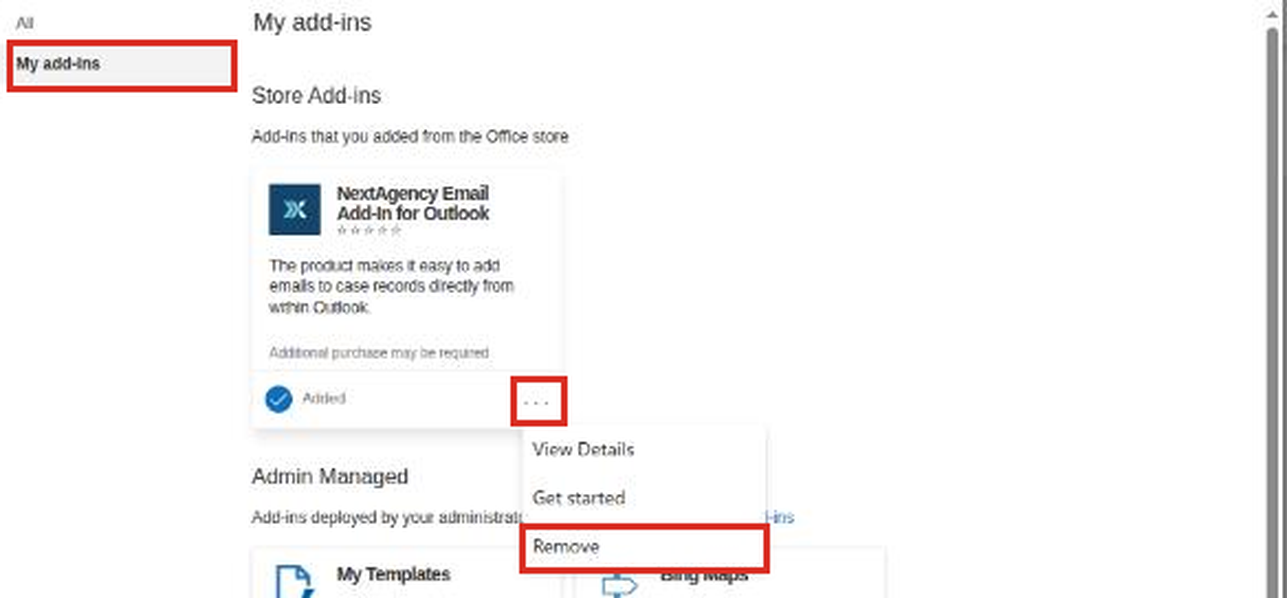 My add-ins with the three dot menu open on the NextAgency card and Remove highlighted