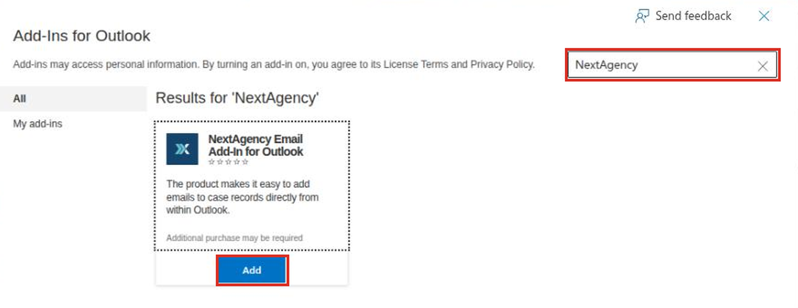 Searching for NextAgency in the Add-Ins for Outlook window and clicking Add