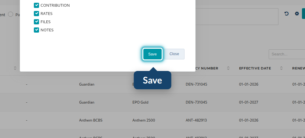 The Renew window for a single benefit, with the tabs to copy and the Save button