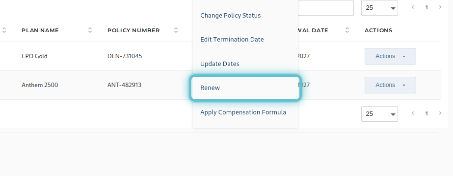 The Bulk Actions menu on a case's Benefits tab, with Renew highlighted