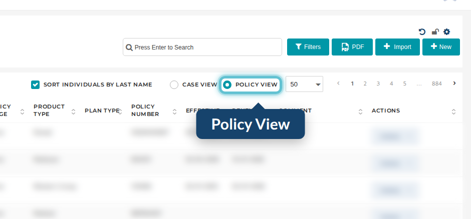 The Cases/Policies page with Policy View selected