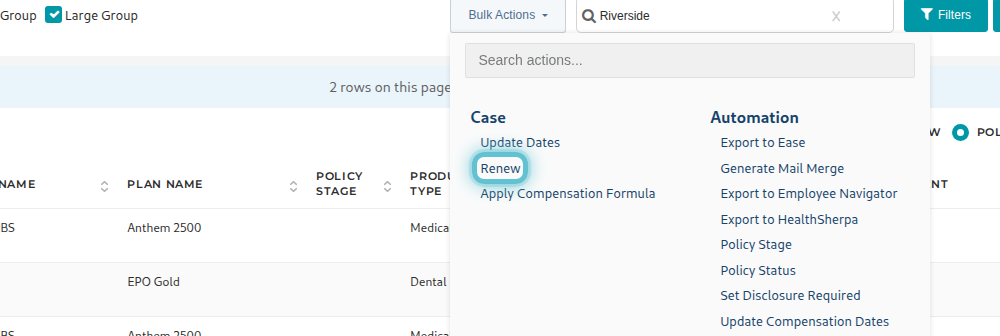 The Bulk Actions menu on the Cases/Policies page, with Renew highlighted