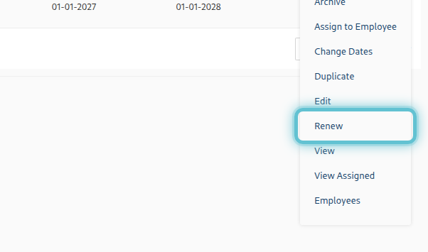 The Actions menu on a benefit's row, with Renew highlighted