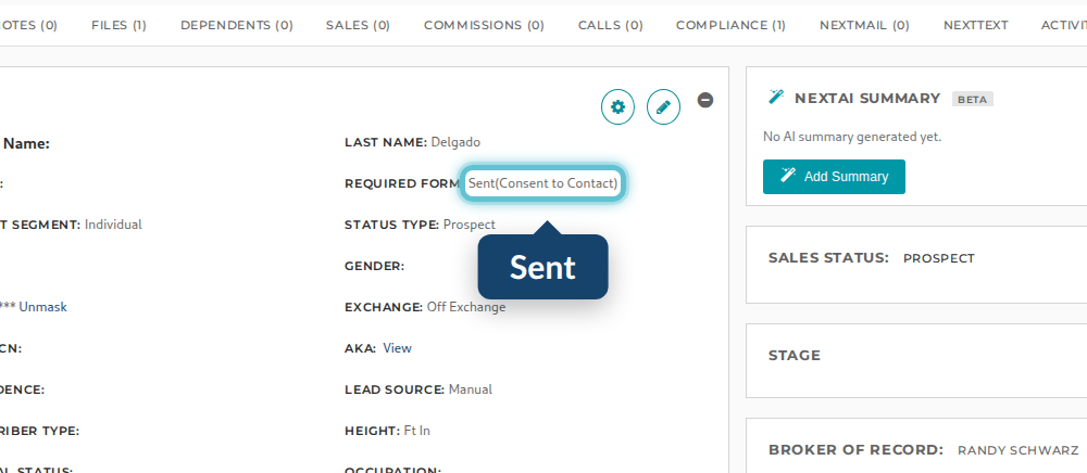 The case's Required Form field showing Sent (Consent to Contact)