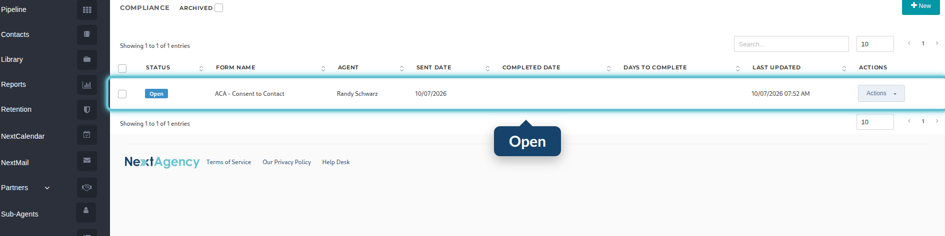 The case's Compliance tab with the form listed as Open