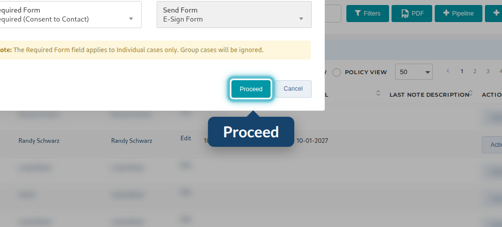 The Set Required Form Status window with Proceed highlighted