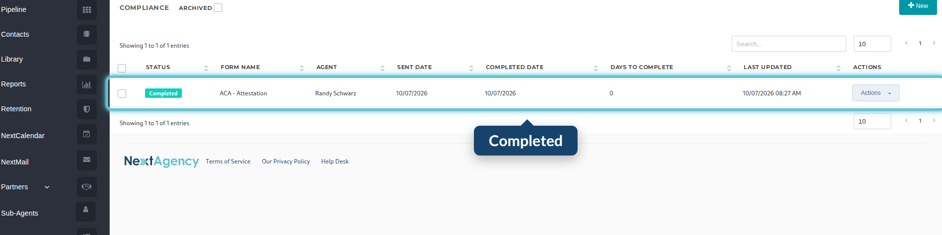 The Compliance tab with the ACA Attestation marked Completed