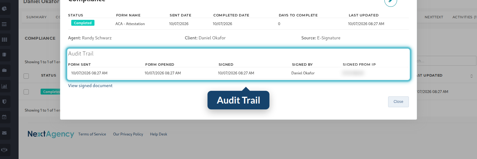 The Audit Trail in the compliance record's details