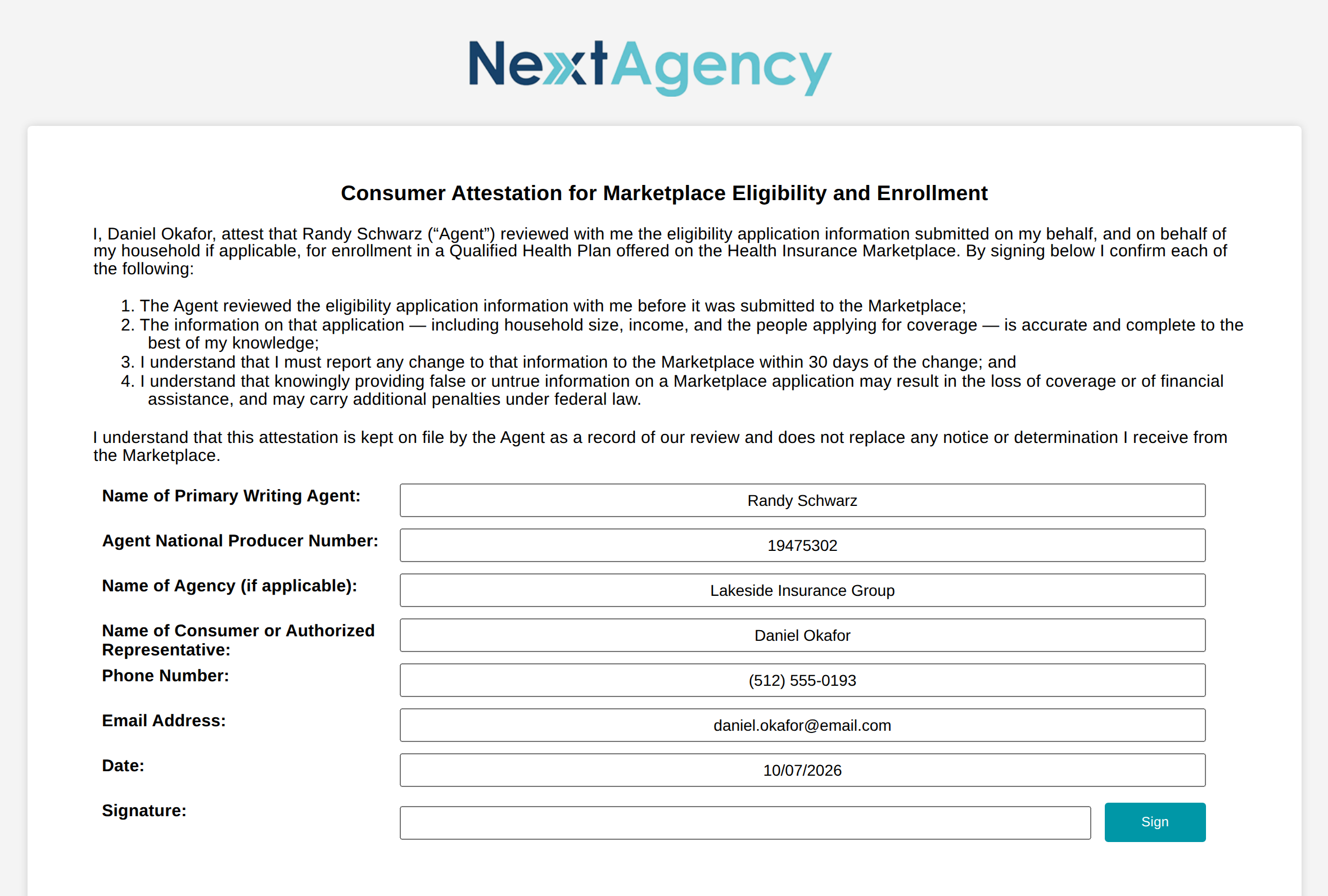 The ACA Attestation form, as your client sees it before signing