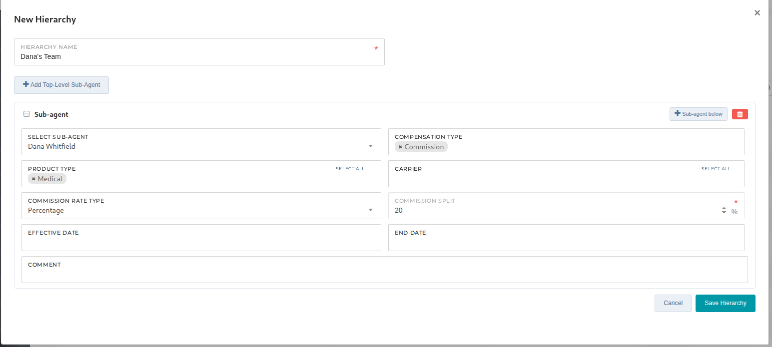 The New Hierarchy window with the first tier filled in