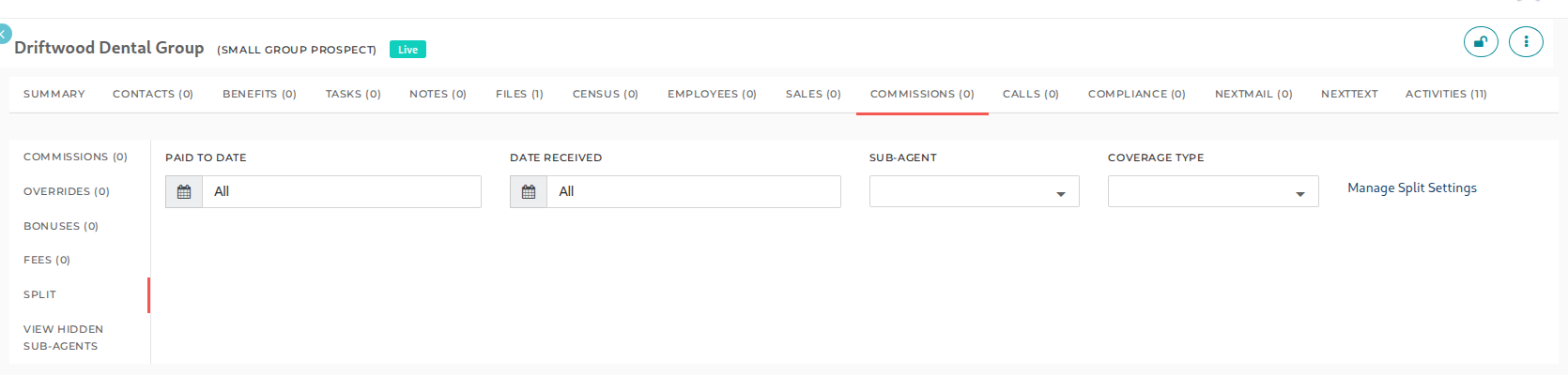 A case's Commissions tab, with Split and Manage Split Settings