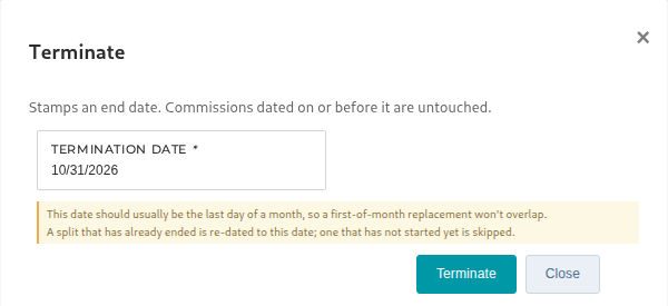 The Terminate window with the Termination Date field