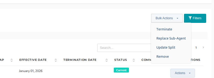 The Bulk Actions menu: Terminate, Replace Sub-Agent, Update Split and Remove