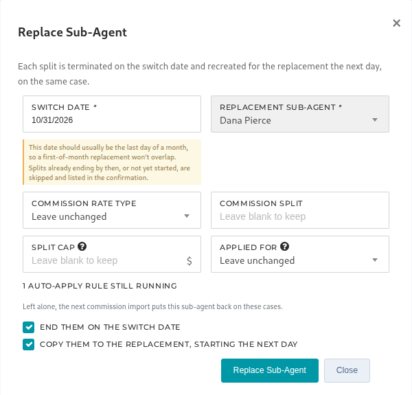 The Replace Sub-Agent window, with the Auto-Apply rule checkboxes