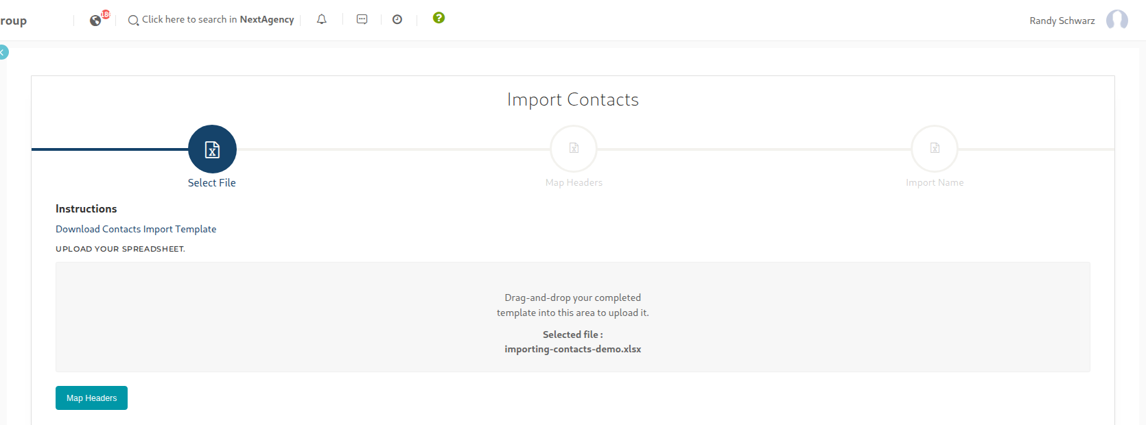 The Select File step: Download Contacts Import Template, and the upload area