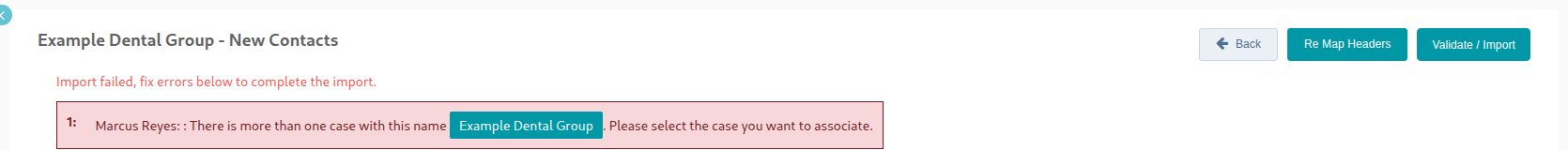 A failed import, with the exact row and reason it didn't match