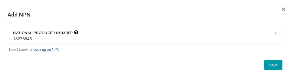 The Add NPN window on the Licenses tab, with the Look up an NPN link