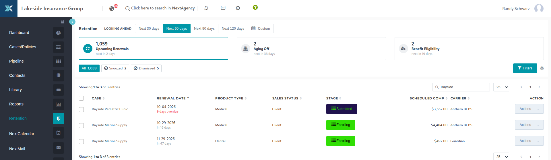 The Retention page, with the Looking ahead window, the three tabs and the Upcoming Renewals list