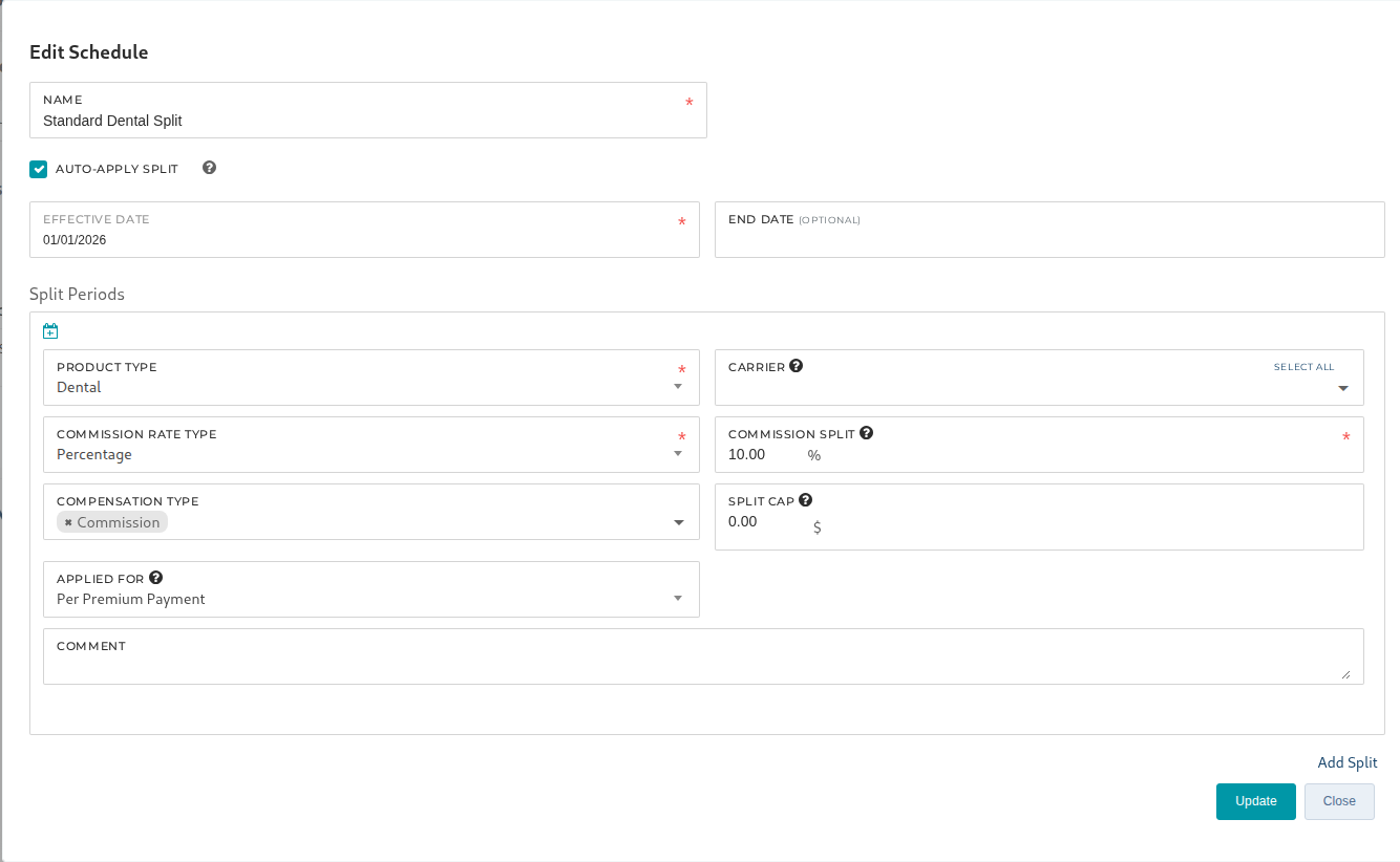 Auto-Apply Split checked, with an Effective Date and the schedule's split period