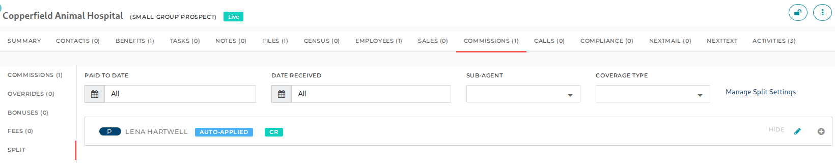 The sub-agent's split on the case's Split tab, labeled Auto-Applied
