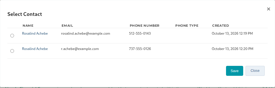 The Select Contact window, listing both contacts with the same name