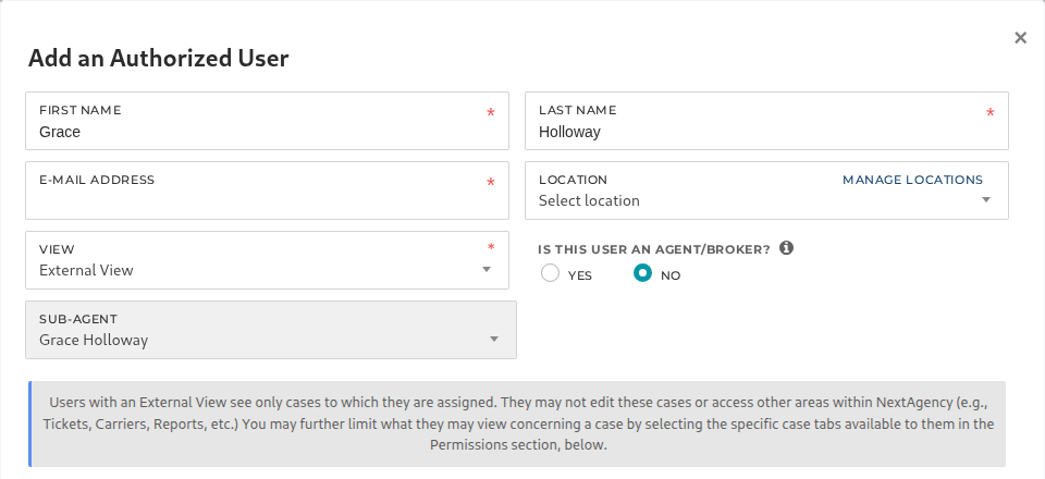 Choosing External View and the linked sub-agent