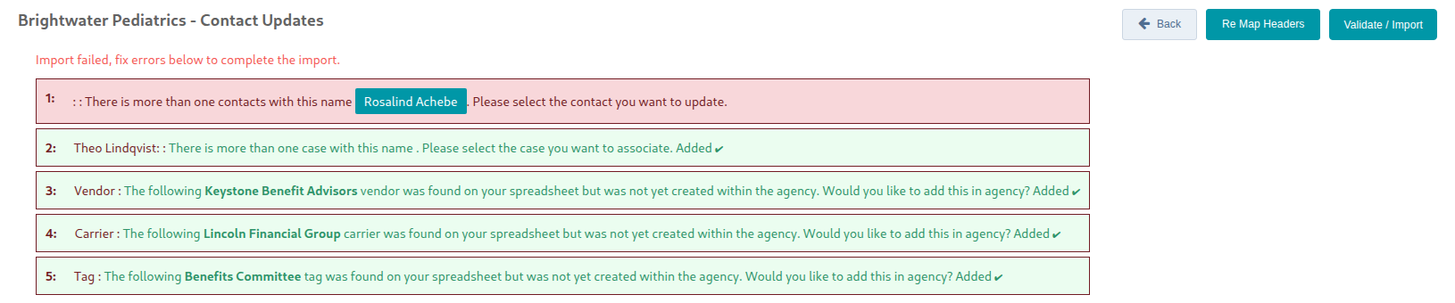 The case, vendor, carrier and tag lines fixed and showing Added, with the contact line still to do