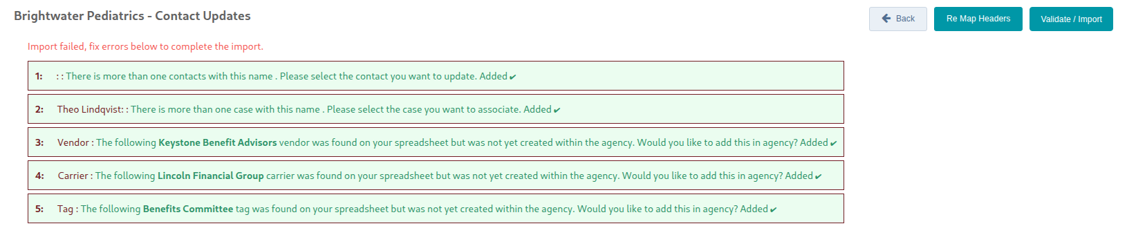Every line showing Added, ready for Validate / Import