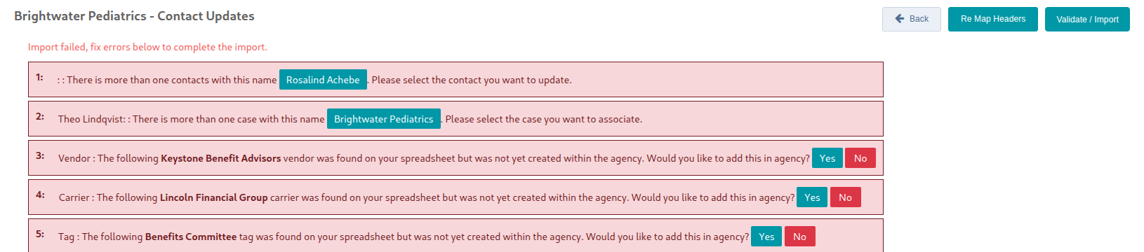 The error screen, with one numbered line per problem
