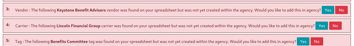 A missing vendor, carrier and tag, each with Yes and No