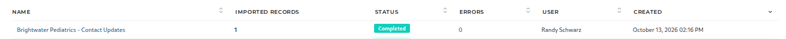 The Contact Imports list after the reimport, with the import Completed and zero errors