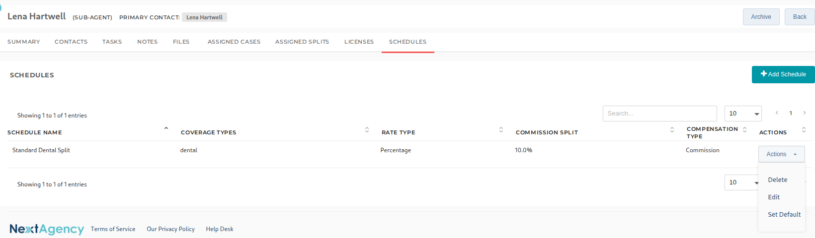 The Actions menu on a sub-agent's Schedules tab
