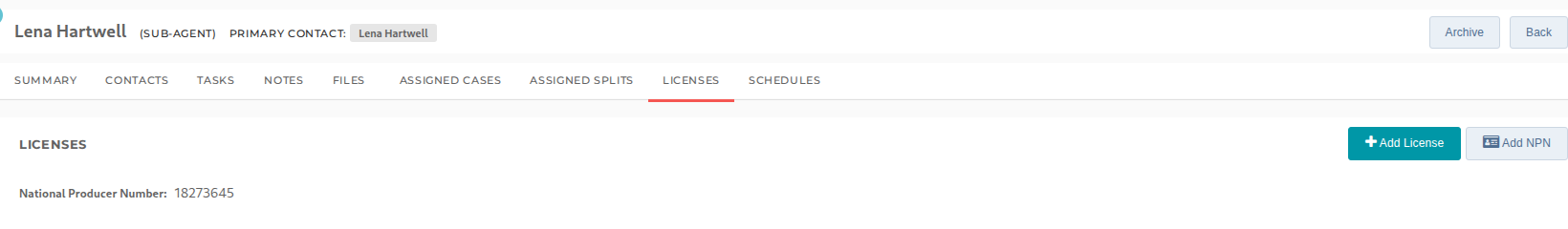 The saved National Producer Number on the sub-agent's Licenses tab