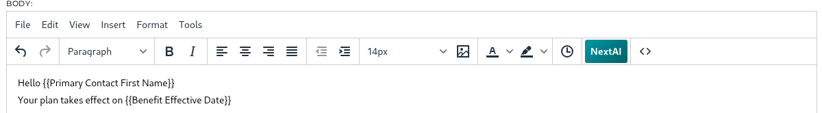 A placeholder added to the body of the email
